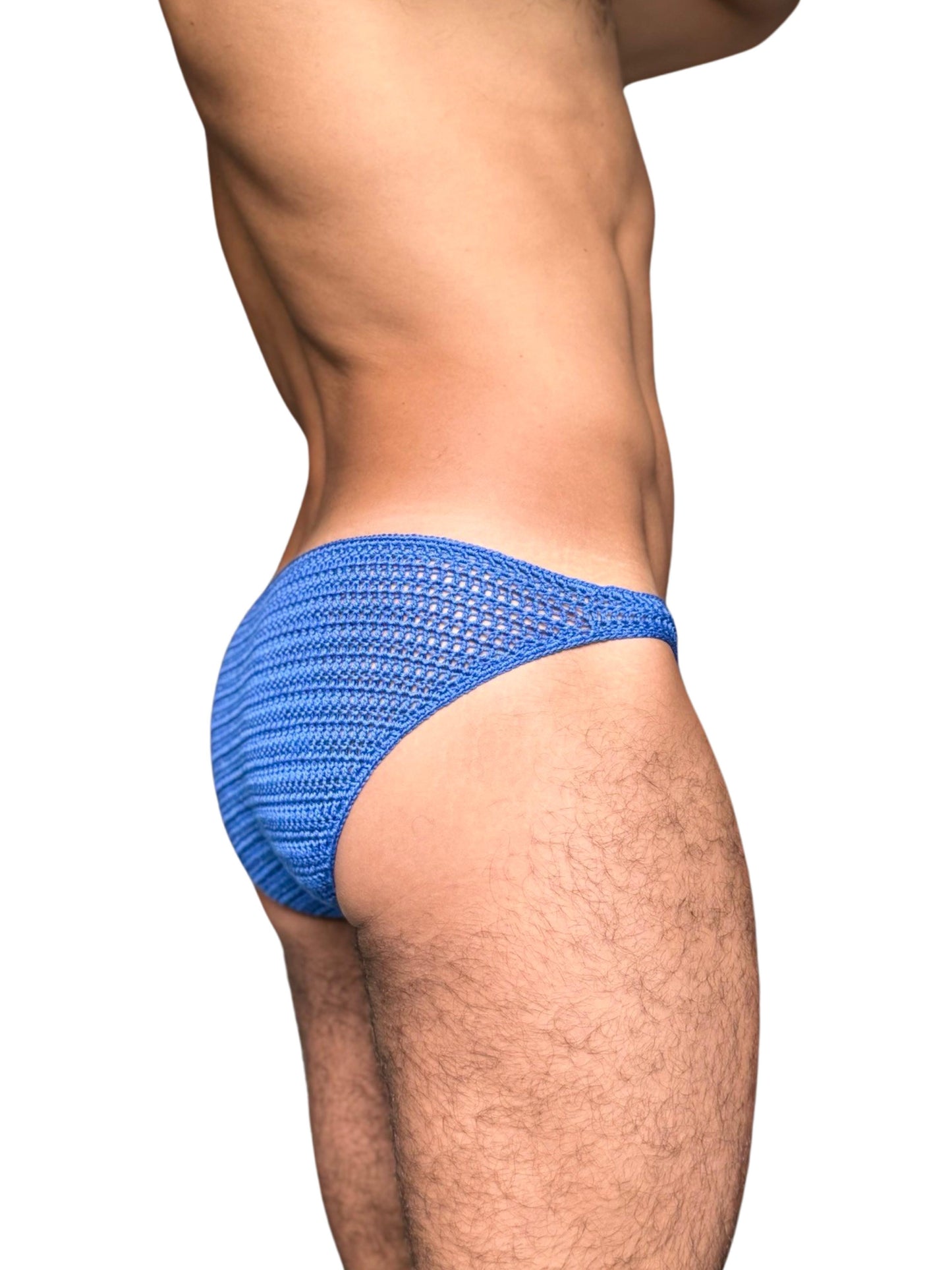 Studio photo of crochet men’s sun briefs displayed on a man, showing fit and design.