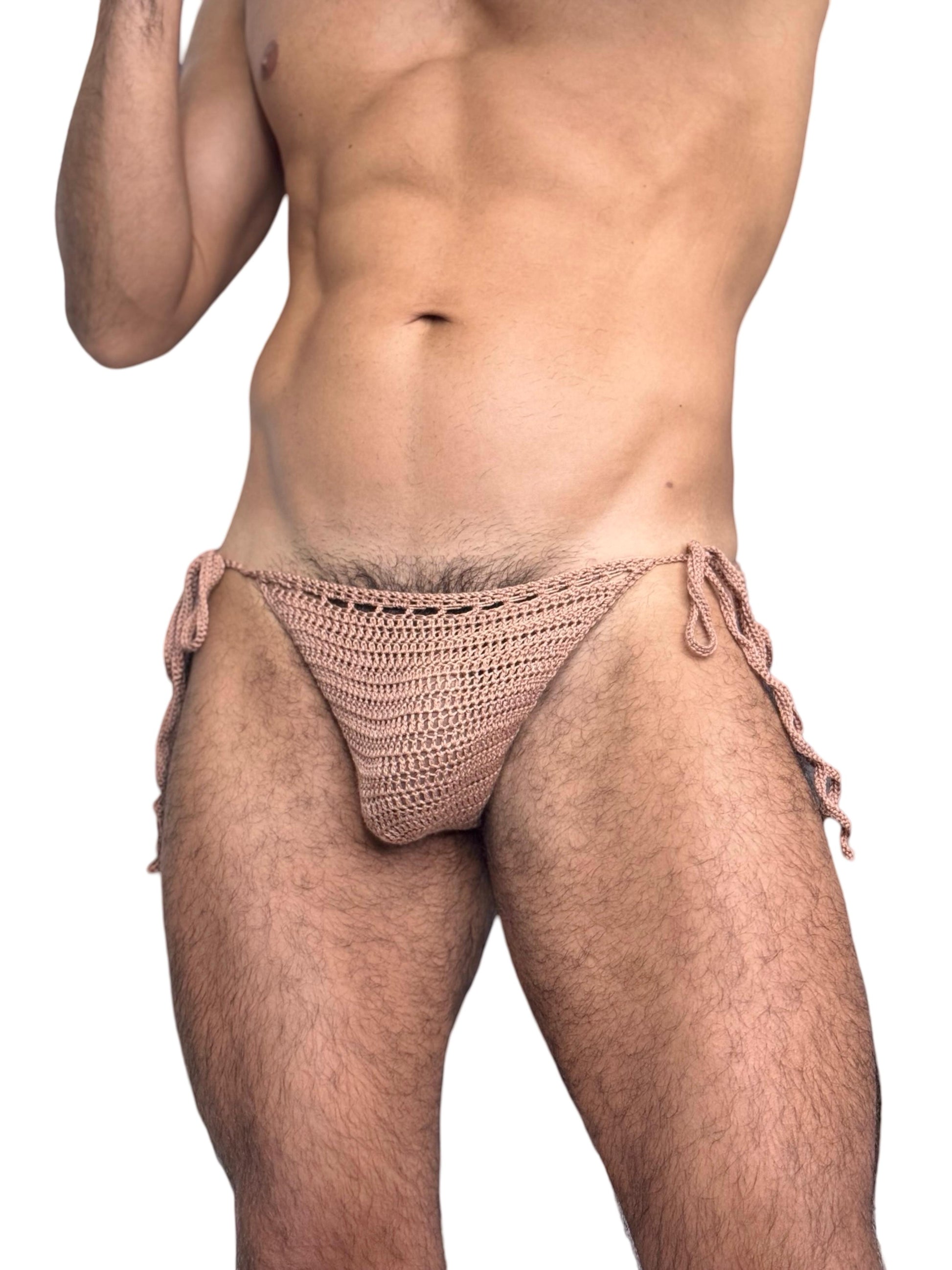 Side detailed view of handmade crochet men’s briefs with tie sides, ideal for beach or pool.