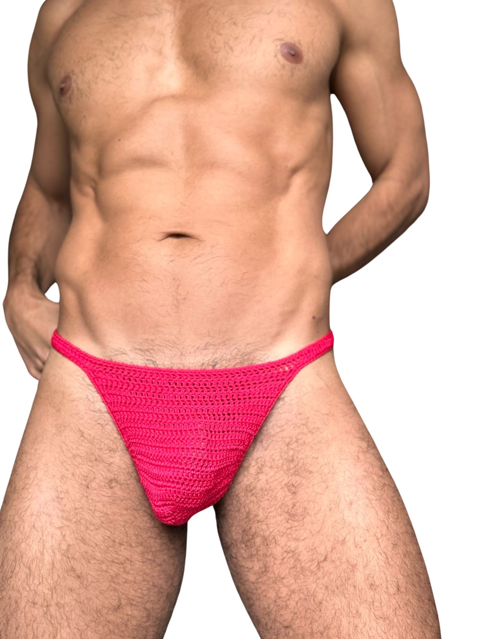 Front close-up of crochet men’s thong with adjustable waist ties, highlighting beachwear design.