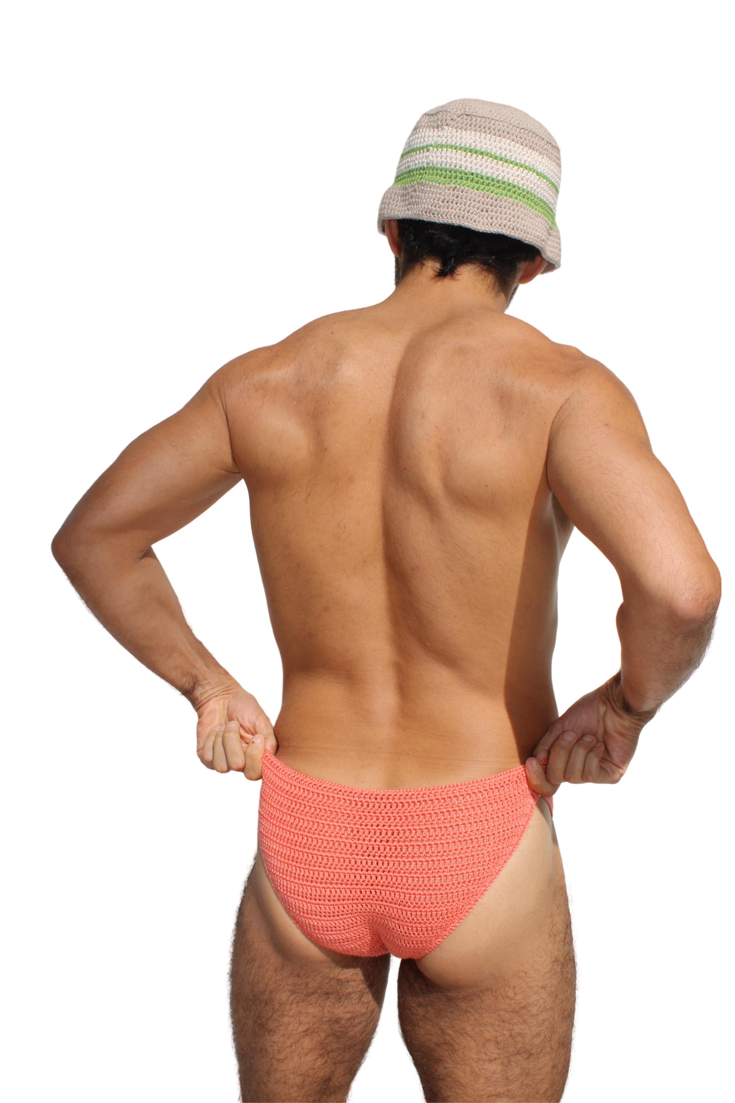 Styled photo of crochet briefs made from the pattern, ideal for showcasing finished result.