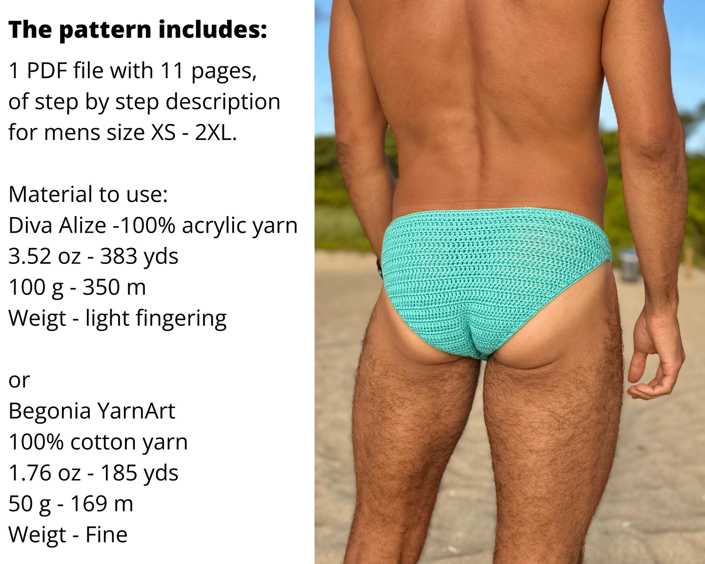 Back view of completed crochet men’s swimwear made following the crochet pattern instructions.