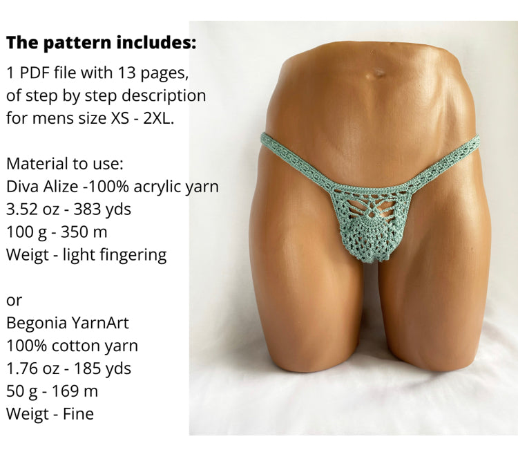 Close-up of crochet stitches on thong underwear made from the pattern, highlighting texture and detail.