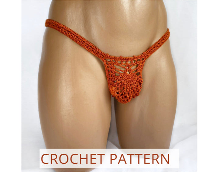 Front view of finished crochet men’s thong made using the digital PDF pattern.