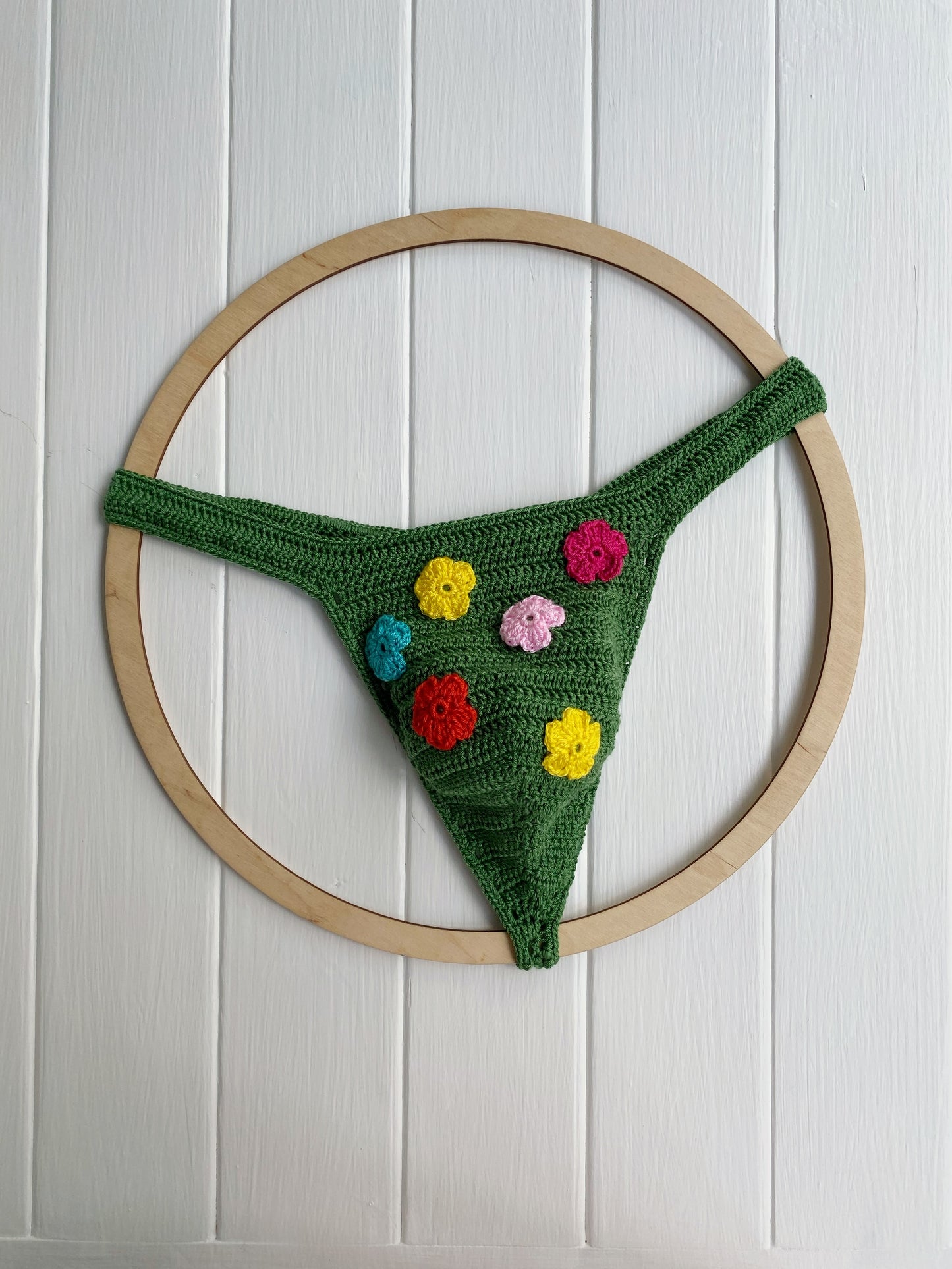 Men’s Crochet Floral Thong – Handmade Colorful Flower Swimwear
