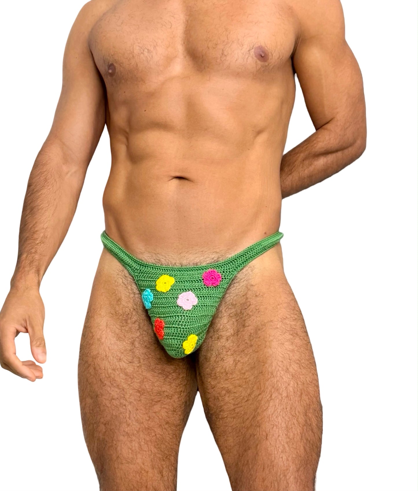 Men’s Crochet Floral Thong – Handmade Colorful Flower Swimwear