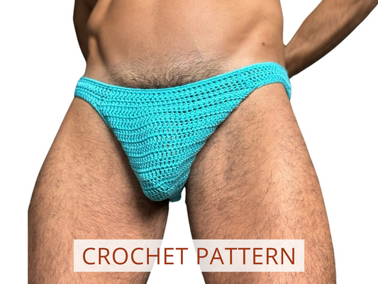 Preview image of finished crochet men’s briefs made using the digital pattern PDF.