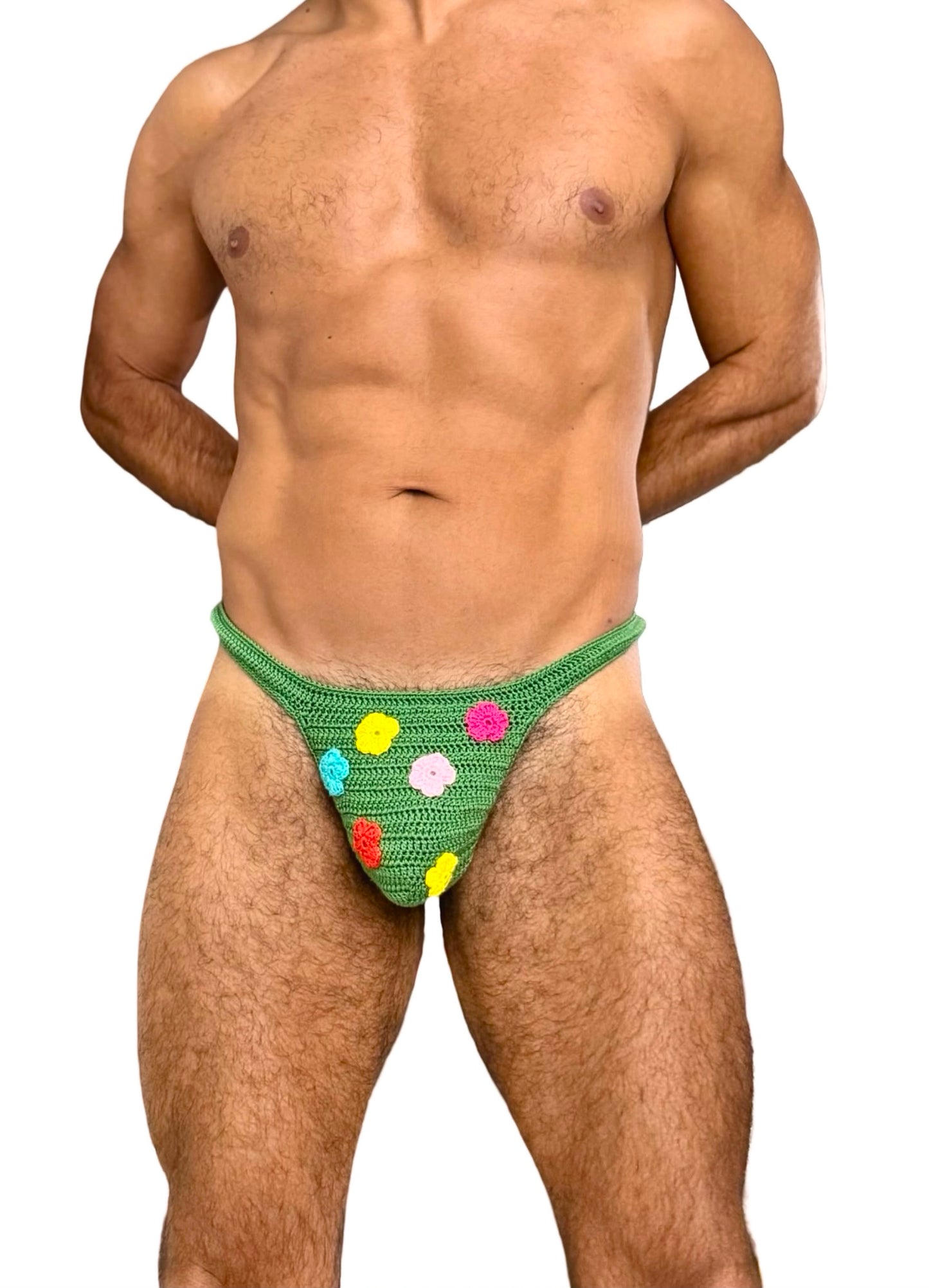 Men’s Crochet Floral Thong – Handmade Colorful Flower Swimwear