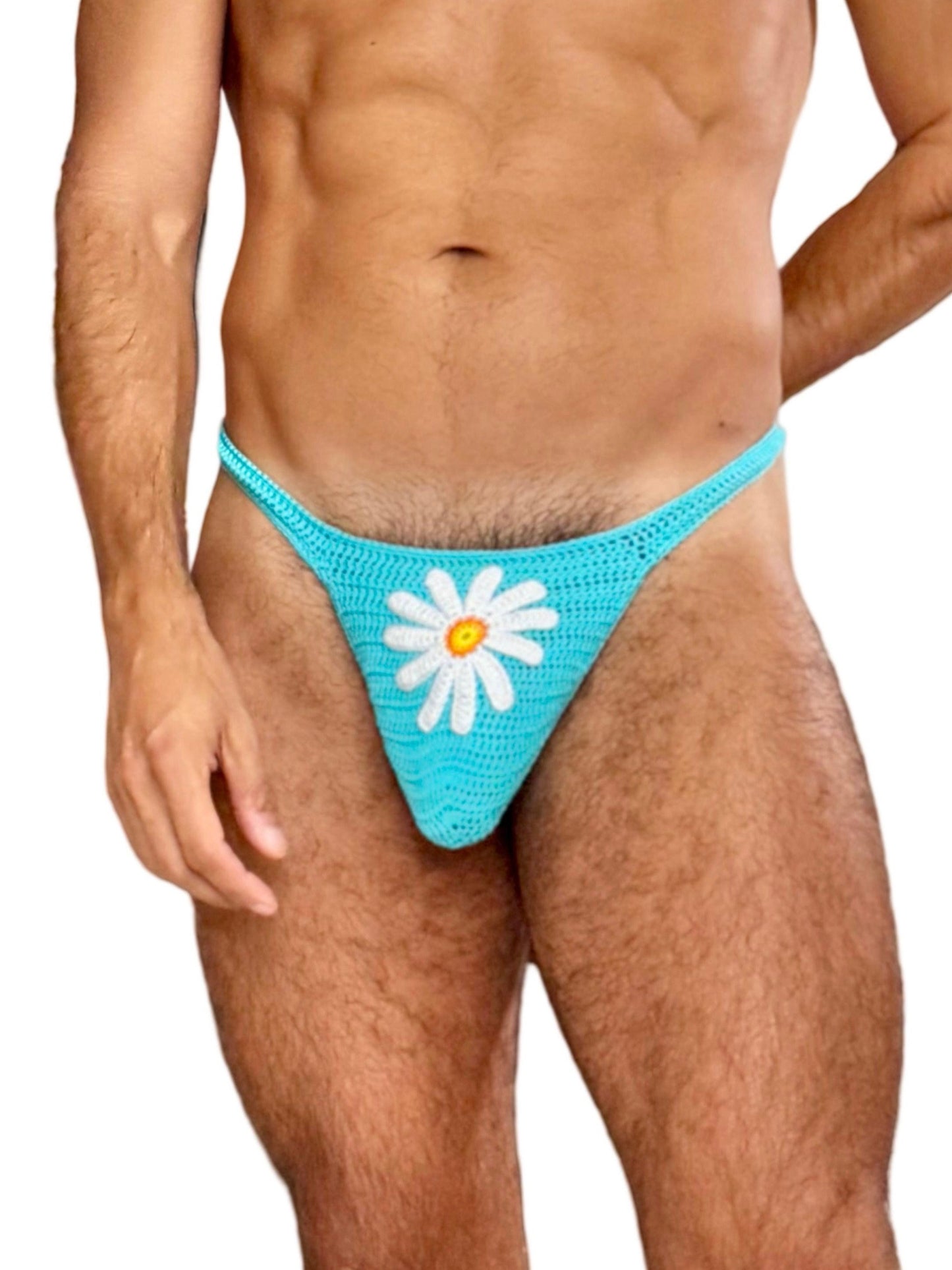 Turquoise crochet mens thong underwear with floral daisy accent