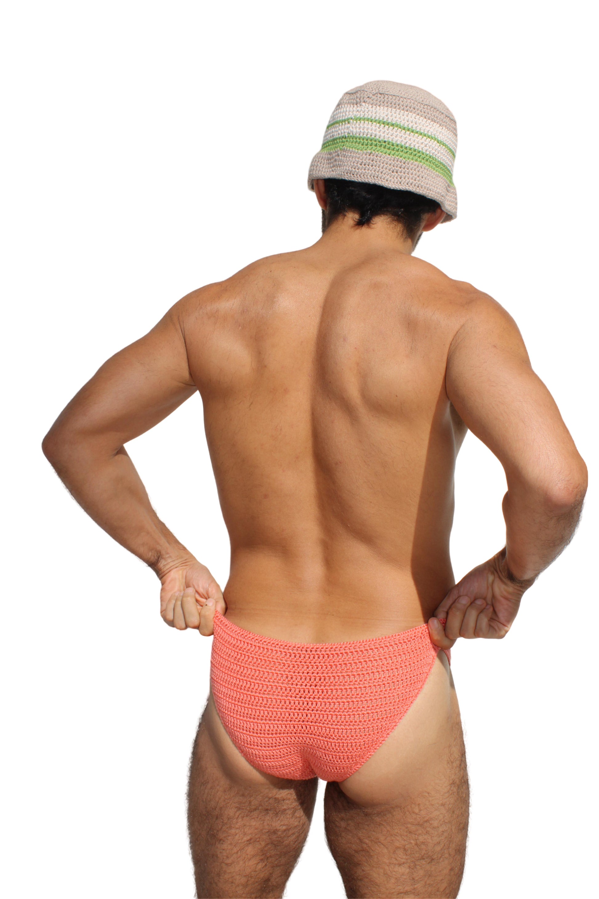 Styled photo of crochet briefs made from the pattern, ideal for showcasing finished result.