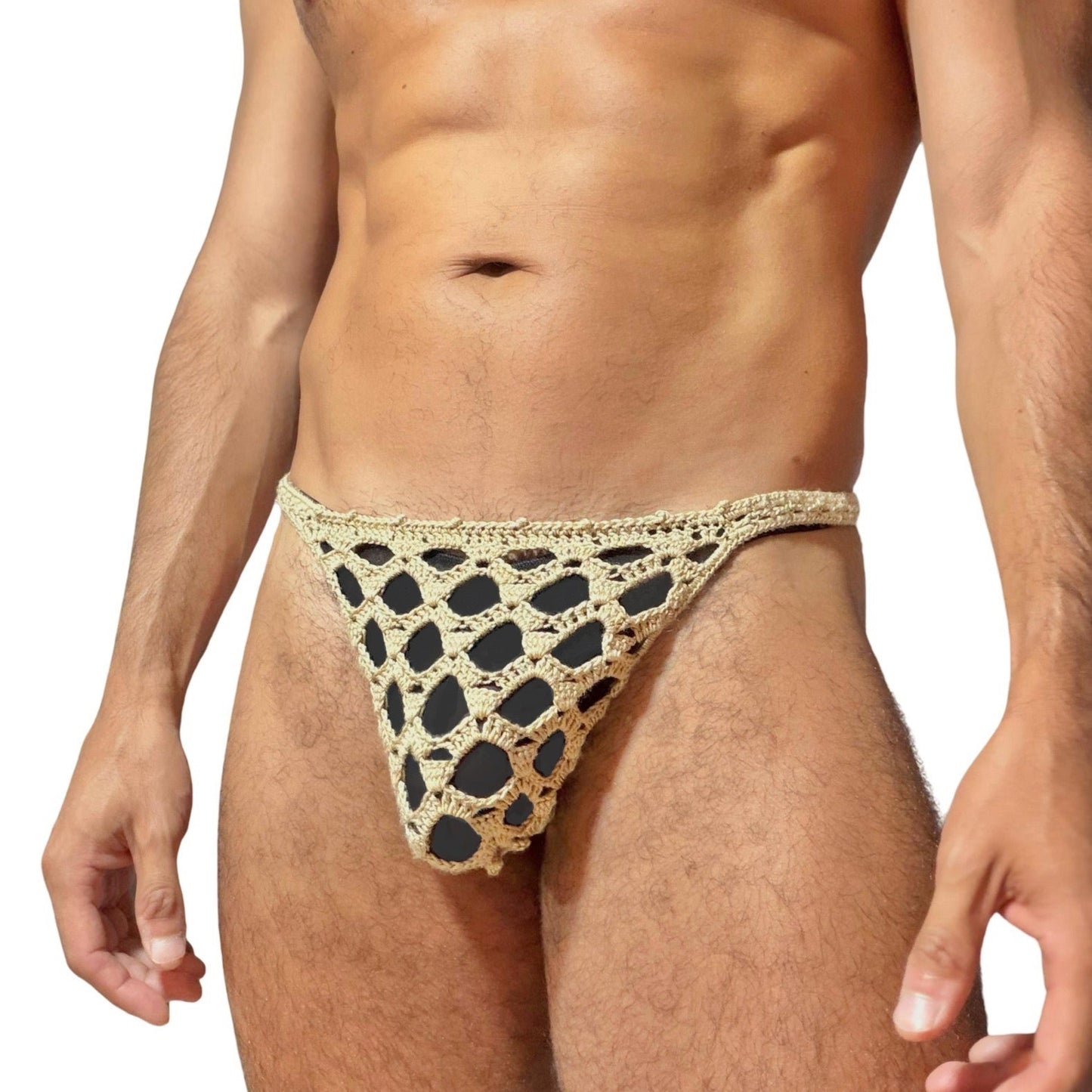 Handmade crochet men's sheer thong underwear in beige with open mesh design, front view