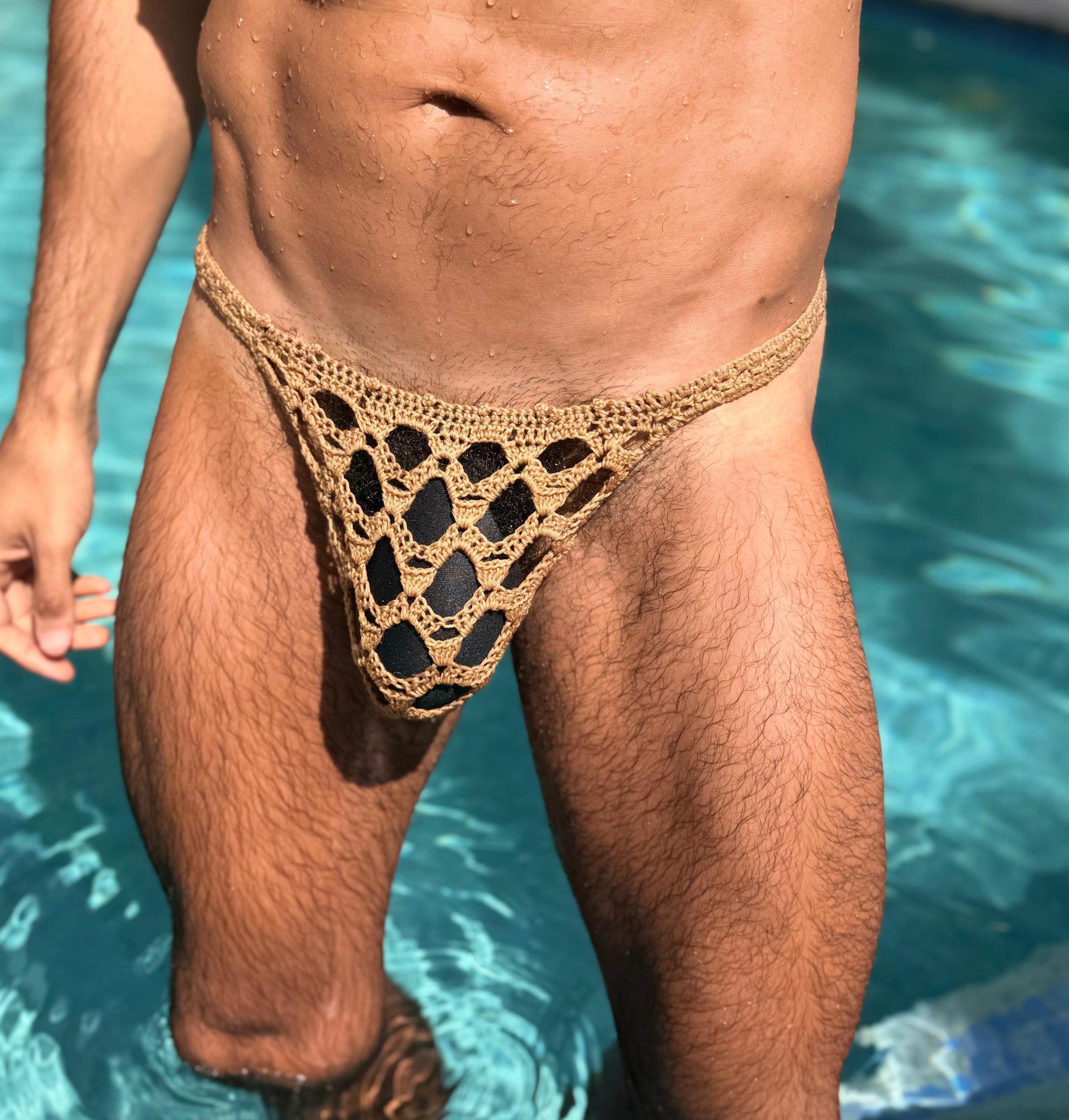 Handmade crochet men's sheer thong underwear in beige with open mesh design, front view-2