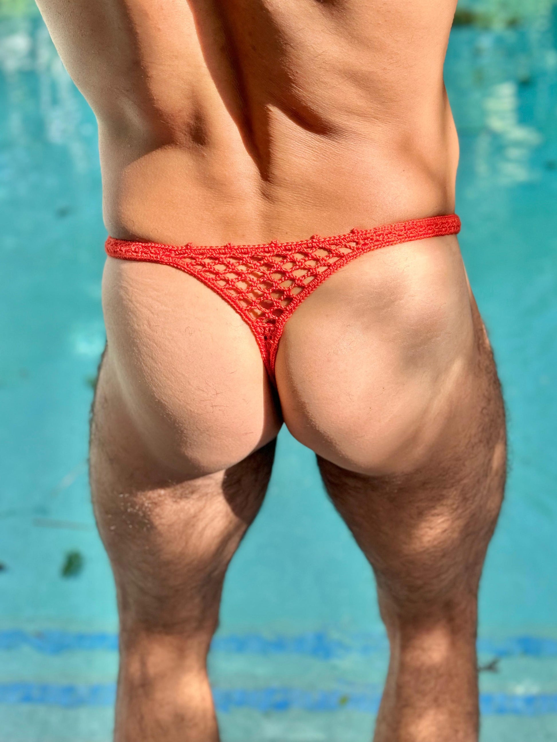 Styled image of crochet thong on model, created using the digital crochet pattern.