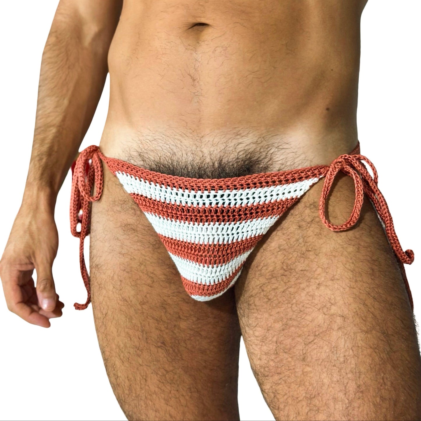 Handmade crochet men's striped tie side swim briefs, front view, soft cotton beach swimwear.