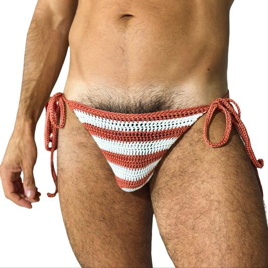 Handmade crochet men's striped tie side swim briefs, front view, soft cotton beach swimwear.