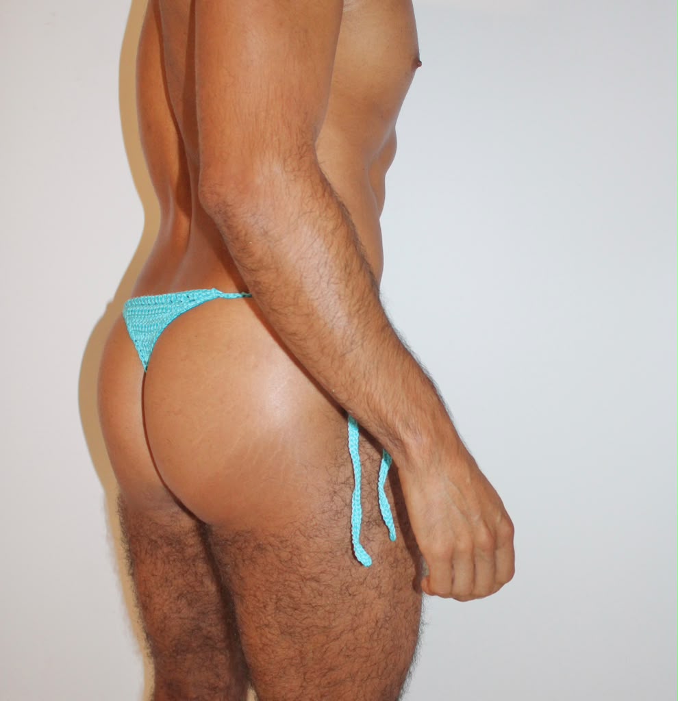 Back view of handmade crochet men's tie side swim thong handcrafted from soft cotton yarn.