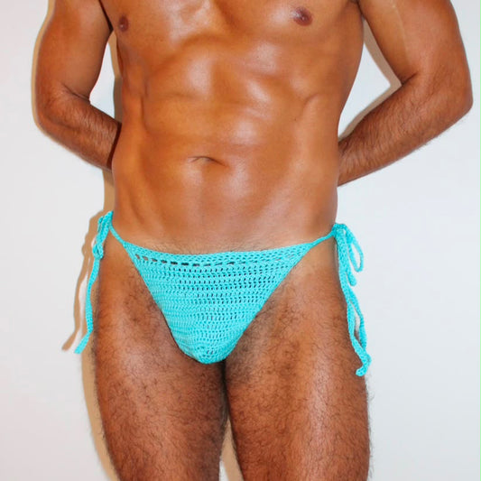 Handmade crochet men's tie side swim thong made from premium cotton yarn, front view.
