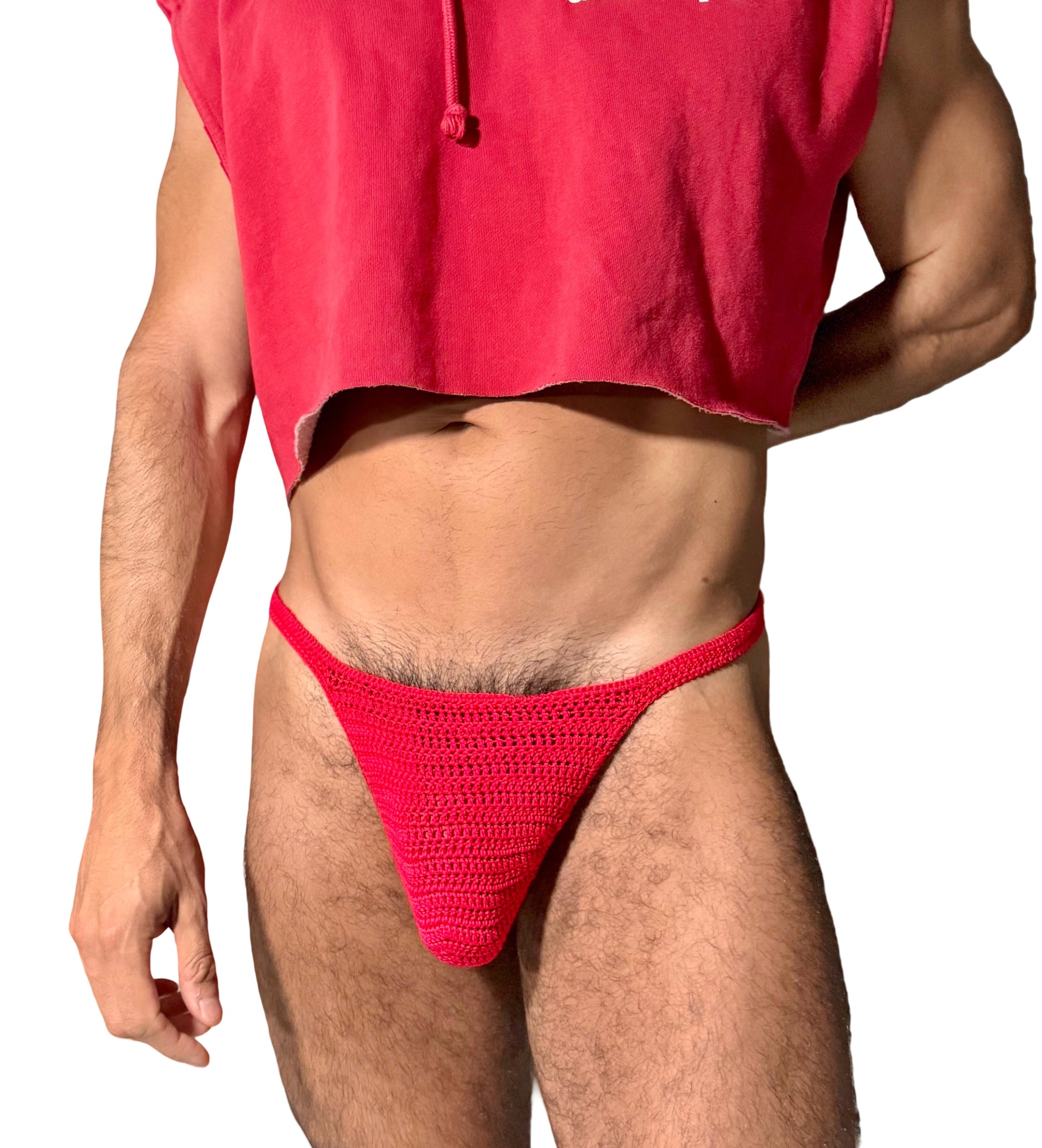 Front close-up of handmade crochet men’s thong underwear, highlighting breathable openwork design.