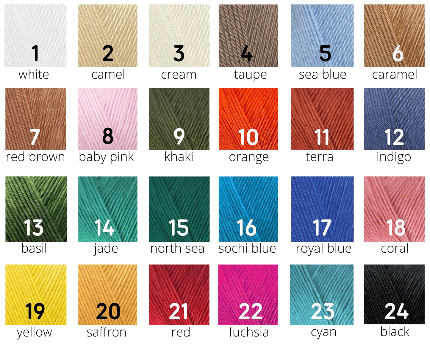 Color swatches of yarn in various colors with corresponding numbers.
