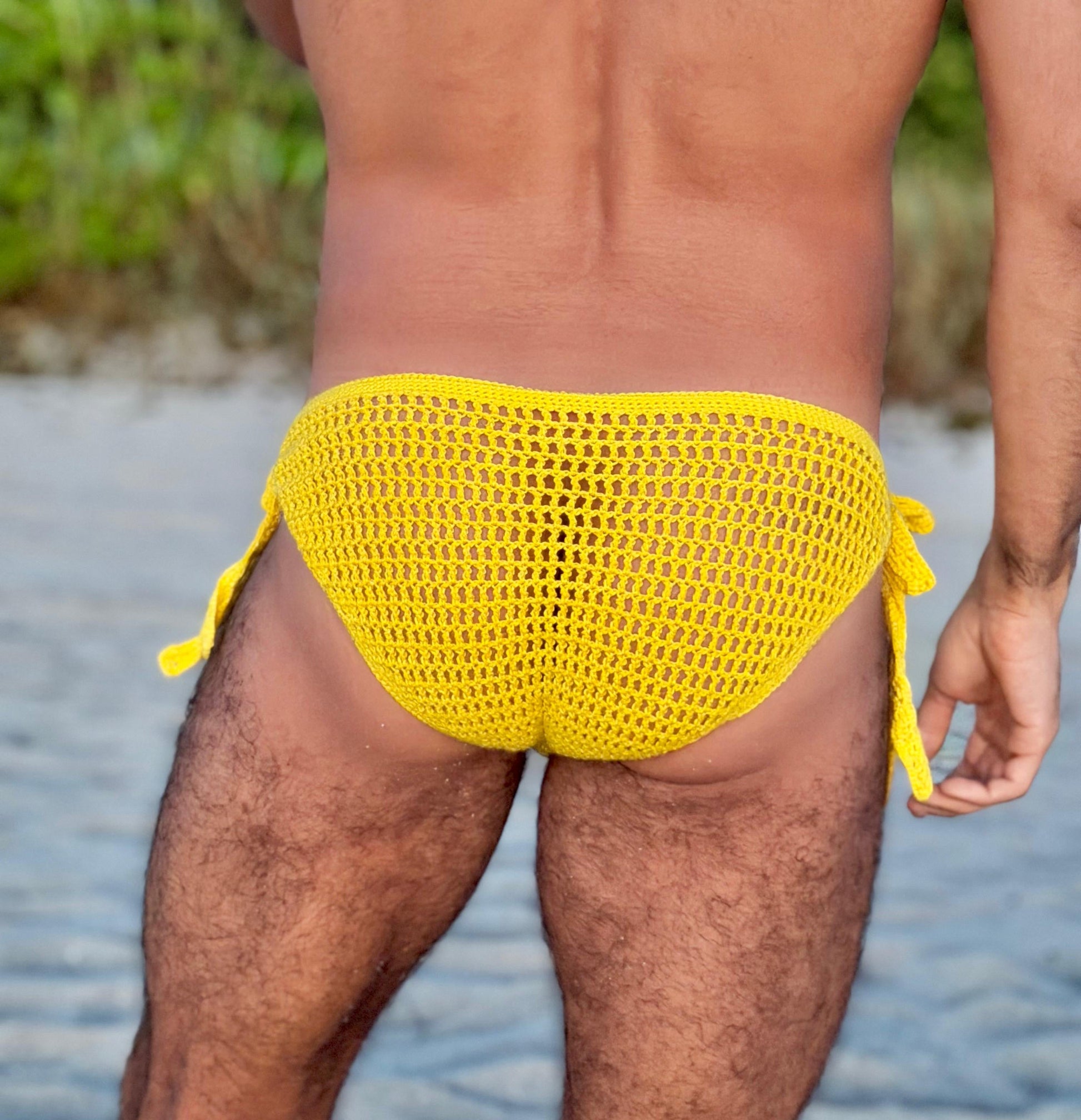Yellow crochet mens tie side briefs back view handmade swimwear

